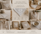 Collage presenting possible uses for the white triangular crochet lace motif on garments, bags and home textiles.