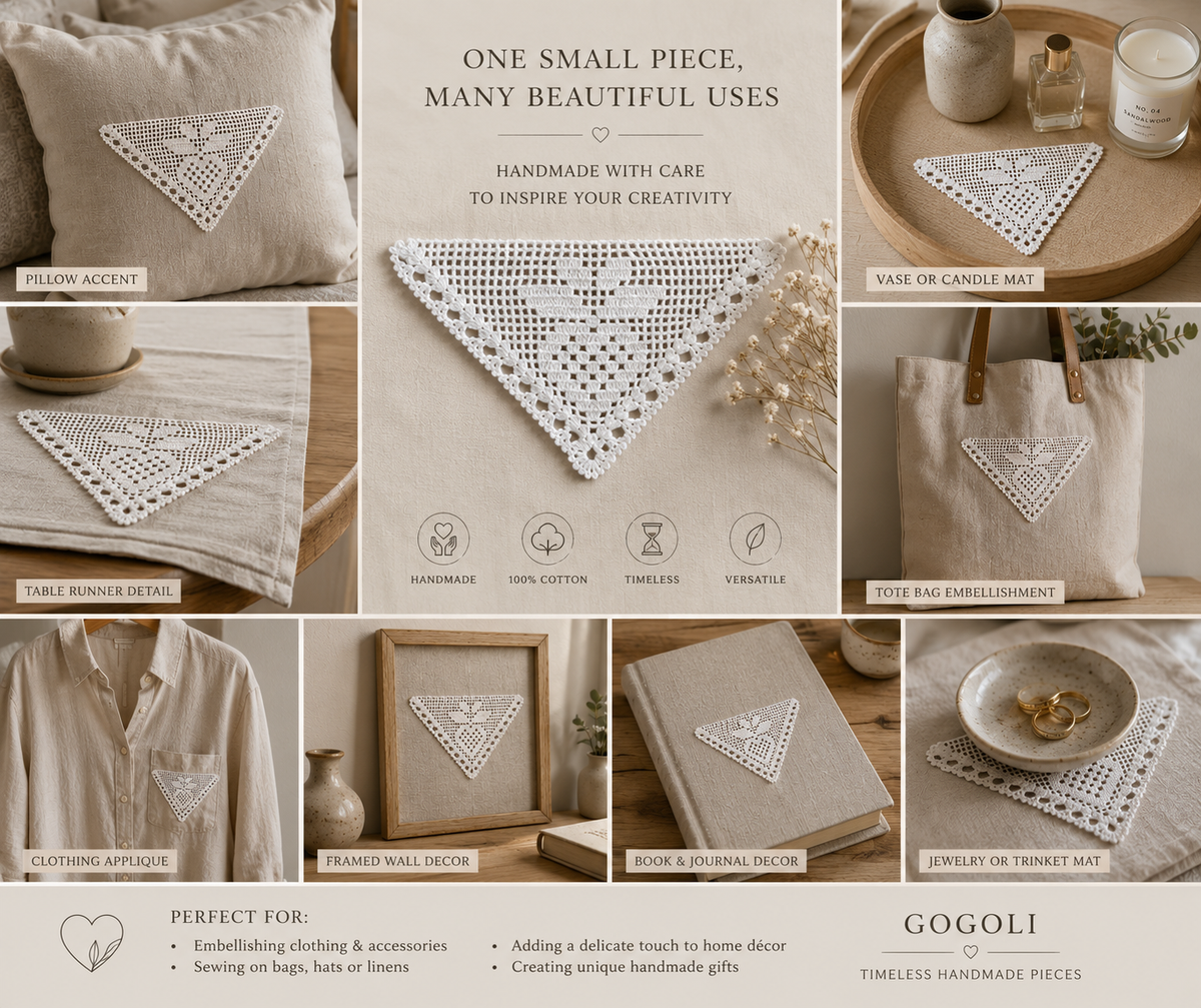 Collage presenting possible uses for the white triangular crochet lace motif on garments, bags and home textiles.